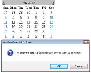 Show javascript confirm box when selecting specific dates or Government holidays in ASP.Net Calendar control