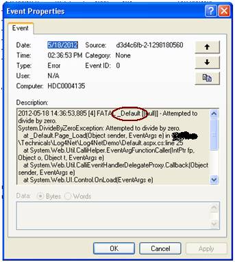 Exception handling and logging using log4net in EventLog